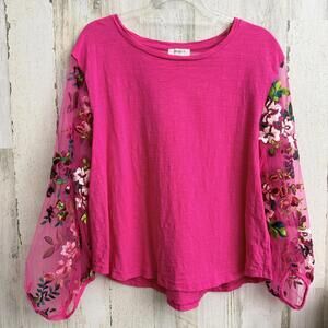 Umgee Women’s Large Pink Embroidered Sheer Balloon Sleeve Top